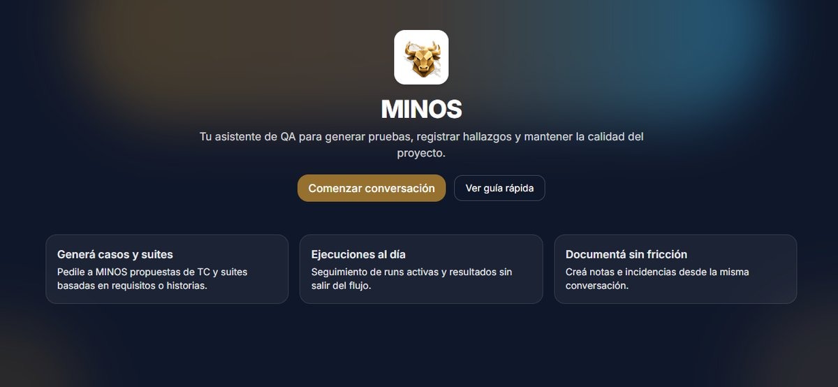 MINOS QA Assistant welcome screen, offering to generate test cases and suites, track runs and log findings